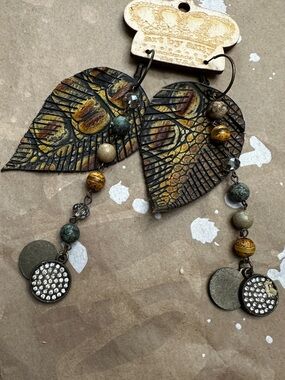 Bohemian Yellow & Brown Textured Leaf Dangle Earrings